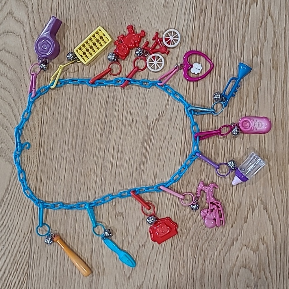 Vintage Bell Clip Charm Necklace 1980s Flash Charms, 12 charms bicycle whistle